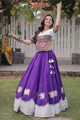 Purple and White Art Silk Mirror and Kachchi Worked Chaniya Choli