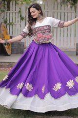 Purple and White Art Silk Mirror and Kachchi Worked Chaniya Choli