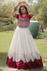 Off White and Maroon Art Silk Mirror Kachchi Worked Chaniya Choli