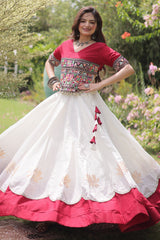 Off White and Maroon Art Silk Mirror Kachchi Worked Chaniya Choli