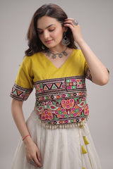 Off White and Yellow Mirror Kachchi Worked Chaniya Choli