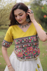 Off White and Yellow Mirror Kachchi Worked Chaniya Choli