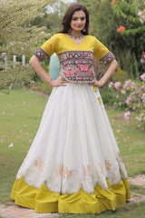 Off White and Yellow Mirror Kachchi Worked Chaniya Choli
