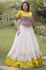 Off White and Yellow Mirror Kachchi Worked Chaniya Choli