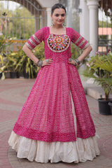 White Cotton Flared Chaniya with Kachchi Work Leheriya Top