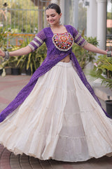 White Cotton Flared Chaniya with Kachchi Work Leheriya Top