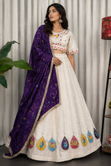White Art Silk Embroidered Chaniya Choli