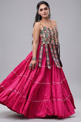Pink Art Silk Chaniya Choli with Kachchi Mirror Work