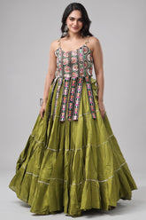 Green Art Silk Chaniya Choli with Kachchi Mirror Work