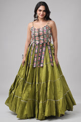 Green Art Silk Chaniya Choli with Kachchi Mirror Work