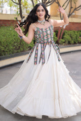 White Art Silk Chaniya Choli with Kachchi Mirror Work