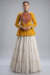 Pearl White Cotton Flared Peplum Chaniya Choli with Kachchi Work