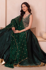 Emerald Green Organza Embroidered Lehenga Choli with Scalloped Dupatta