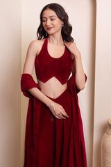 Maroon Velvet Halter Blouse & Draped Lehenga Set