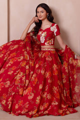 Scarlet Red Floral Print Chiffon Lehenga Choli