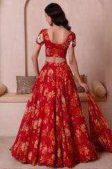 Scarlet Red Floral Print Chiffon Lehenga Choli