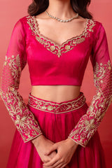 Rani Pink Organza Embroidered Lehenga Choli with Gold Border
