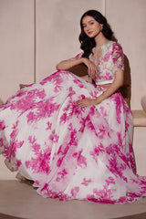 White Floral Printed Chiffon Lehenga Set with Keyhole Blouse