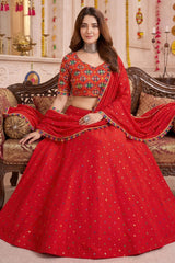 Red Rayon Chaniya Choli with Kachchi Mirror Work