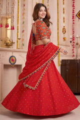 Red Rayon Chaniya Choli with Kachchi Mirror Work