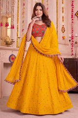 Yellow Rayon Chaniya Choli with Kachchi Mirror Work