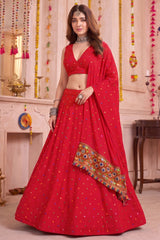 Red Rayon Chaniya Choli with Kachchi Mirror Work