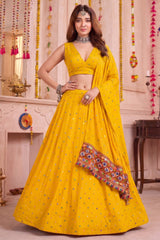 Yellow Rayon Chaniya Choli with Kachchi Mirror Work