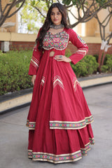 Maroon Cotton Chaniya with Mirror and Kachchi Work Long Top
