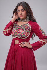 Maroon Cotton Chaniya with Mirror and Kachchi Work Long Top