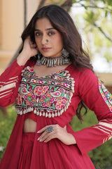 Maroon Cotton Chaniya with Mirror and Kachchi Work Long Top