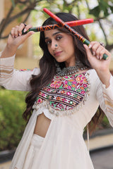 White Cotton Chaniya with Mirror and Kachchi Work Long Top