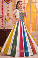 White Multi Panel Rayon Gamthi & Mirror Work Navratri Lehenga Choli
