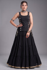 Black Georgette Tiered Mirror Work Koti Lehenga Set