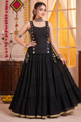 Black Georgette Tiered Mirror Work Koti Lehenga Set