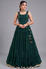 Emerald Green Georgette Tiered Mirror Work Koti Lehenga Set