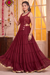 Maroon Georgette Tiered Mirror Work Koti Lehenga Set