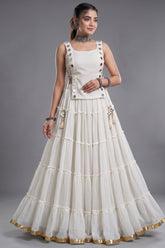 White Georgette Tiered Mirror Work Koti Lehenga Set