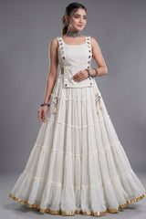 White Georgette Tiered Mirror Work Koti Lehenga Set