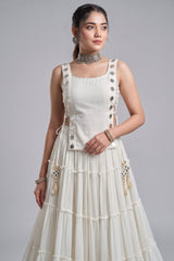 White Georgette Tiered Mirror Work Koti Lehenga Set