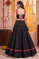 Black Pure Cotton Lehenga Set with Pink Kutchi Mirror Border