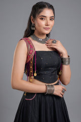 Black Pure Cotton Lehenga Set with Pink Kutchi Mirror Border