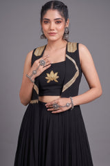 Black Georgette Lotus Handwork Long Koti Lehenga Set