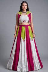 White & Multi Rayon Lehenga with Pearl Gota Embellished Jacket