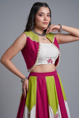 White & Multi Rayon Lehenga with Pearl Gota Embellished Jacket