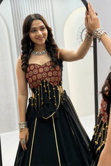 Black Cotton Flared Lehenga Choli with Ajrakh Printed Inset Gussets & Tasseled Bustier