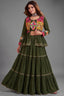 Dark Olive Green Cotton Kachchi Work Peplum Style Flared Lehenga
