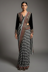 Pearl White Crepe Silk Stripes Printed Pre Draped Saree with Jacket