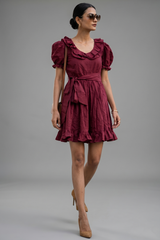 Maroon Cotton Puff Sleeved Peter Pan Collar Fit-and-Flare Mini Dress