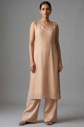 Light Champagne Golden Modal Silk Straight Cut Kurti and Palazzo Set