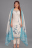 Cream and Blue Art Silk Floral Printed Straight Cut Kurti Set